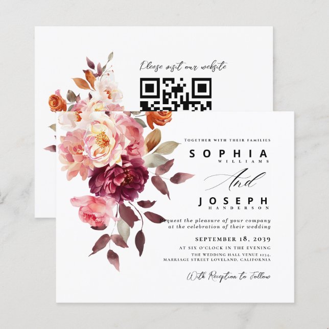 watercolor Burgundy Bouquet Floral Wedding (Fram/baksida)