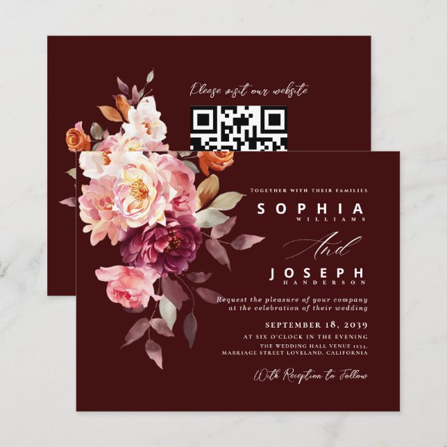 watercolor Burgundy Bouquet Floral Wedding (Fram/baksida)