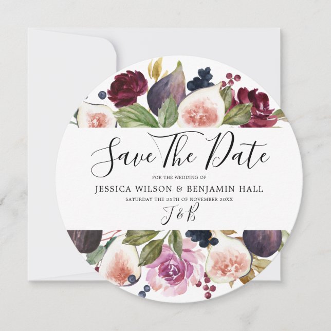Watercolor Burgundy Floral Fig Wedding Spara Datumet (Framsida)