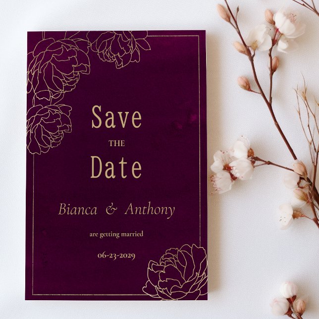 Watercolor burgundy guld peony flora Save Date Inbjudningar (Watercolor burgundy gold peony flora Save the Date )