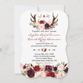 Watercolor Burgundy Marsala Blommigt Antlers Bröll Inbjudningar