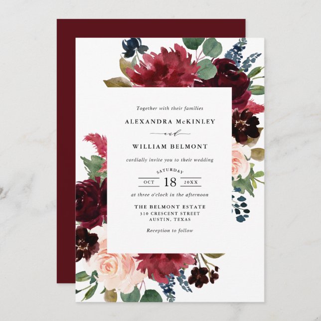 Watercolor Burgundy och Blåa blommor Bröllop Inbjudningar (Fram/baksida)