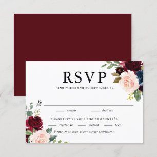 Watercolor Burgundy och Blåa blommor Bröllop OSA Kort