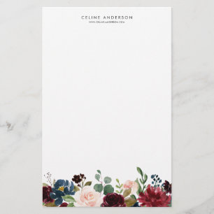 Watercolor Burgundy och Navy Blåa blommor Garland Brevpapper