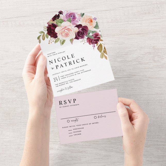 Watercolor Burgundy och Peach Flowers Fall Wedand (Avrivbar del)