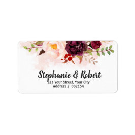 Watercolor Burgundy Red Blommigt Adressetikett