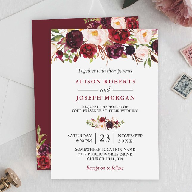 Watercolor Burgundy Red Blommigt Rustic Boho Bröll Inbjudningar (Skapare uppladdad)