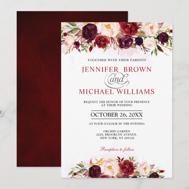 Watercolor Burgundy Red Blommigt Rustic Boho Inbjudningar (Fram/baksida)