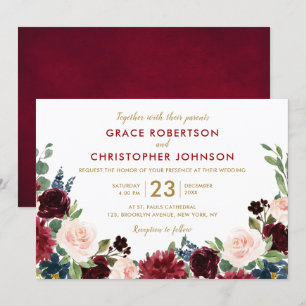 Watercolor Burgundy Red Navy Blommigt Rustic Boho Inbjudningar