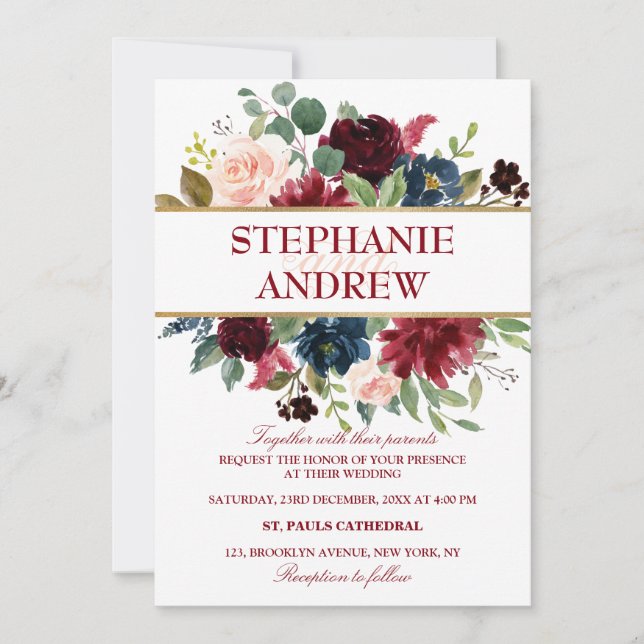Watercolor Burgundy Red Navy Blommigt Rustic Boho Inbjudningar (Framsida)