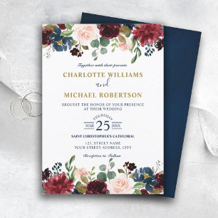 Watercolor Burgundy Red Navy Blommigt Rustic Boho Inbjudningar