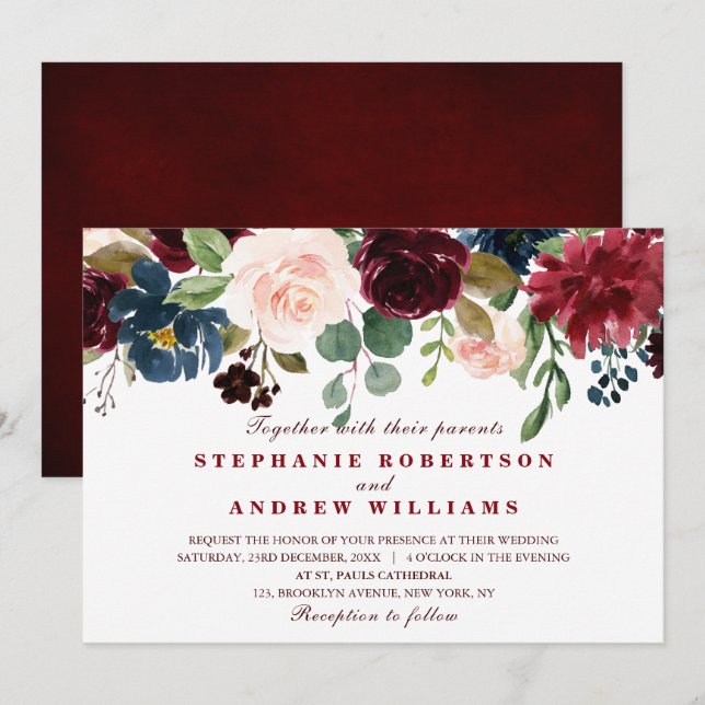 Watercolor Burgundy Red Navy Blue Blommigt Boho Inbjudningar (Fram/baksida)