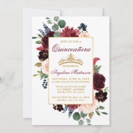 Watercolor Burgundy Rosa Blommigt Guld Quinceanera Inbjudningar