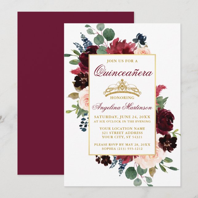 Watercolor Burgundy Rosa Blommigt Guld Quinceanera Inbjudningar (Fram/baksida)