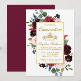 Watercolor Burgundy Rosa Blommigt Quinceanera Inbjudningar