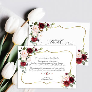 Watercolor Burgundy Rosa Flowers Guld Bröllop Tack Kort