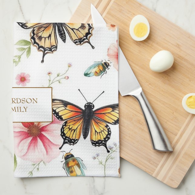 Watercolor butterflies windflowers monogram name kökshandduk (Vikt i Fjärdedel)