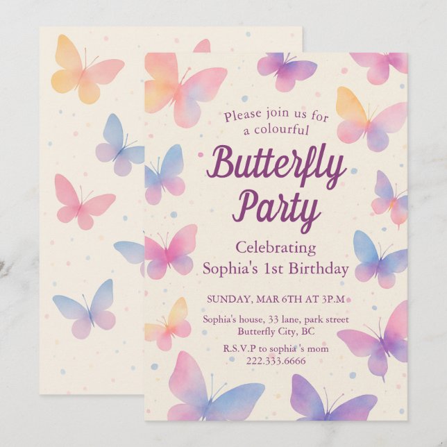 Watercolor Butterfly 1st Birthday Party Inbjudningar (Fram/baksida)