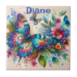 Watercolor Butterfly Blommigt Garden Personlig Kakelplatta