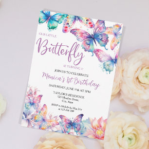 Watercolor Butterfly Flicka 1st Birthday Inbjudningar