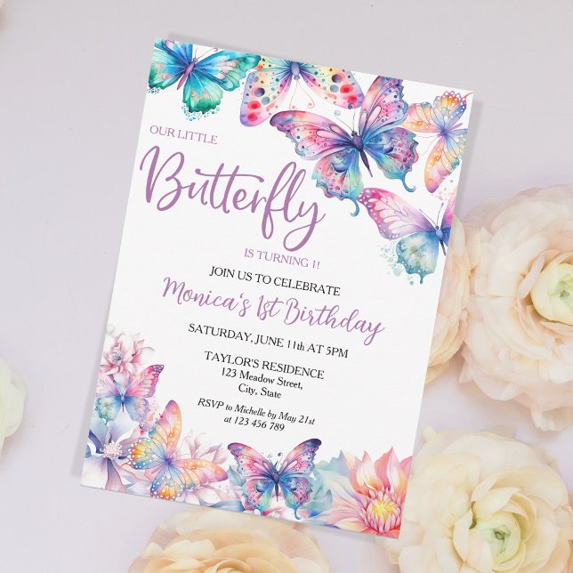 Watercolor Butterfly Flicka 1st Birthday Inbjudningar (Skapare uppladdad)