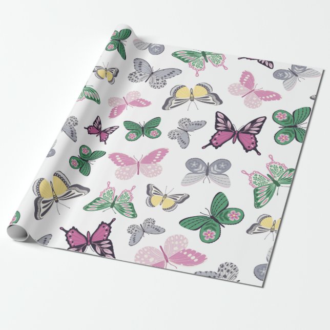 Watercolor Butterfly Garden Mönster Presentpapper (Utrullad)