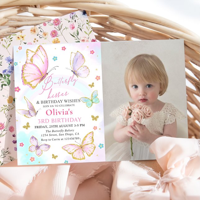 Watercolor Butterfly Kisses och Birthday Önskemål Inbjudningar (Skapare uppladdad)