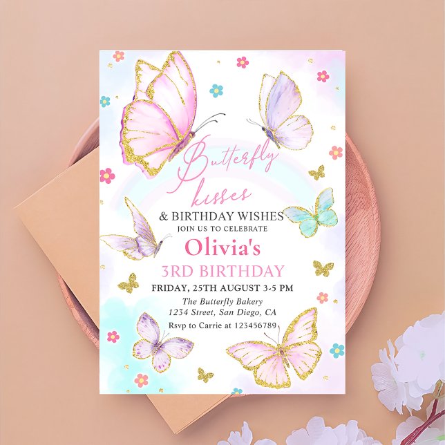 Watercolor Butterfly Kisses och Birthday Önskemål Inbjudningar (Skapare uppladdad)