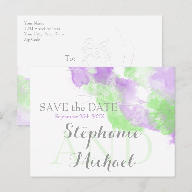 Watercolor Butterfly Matcha Lilac SavetheDate Meddelande Vykort (Fram/baksida)