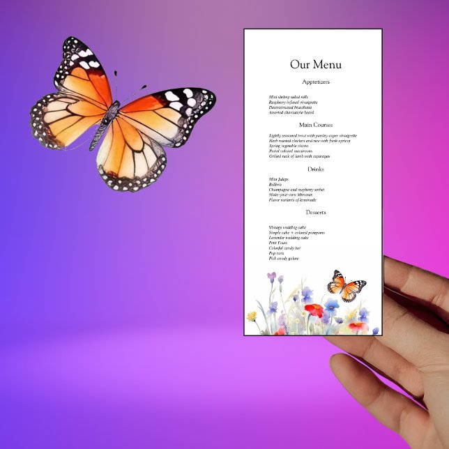 Watercolor Butterfly och Wildblommor Bröllop Menu Meny (Skapare uppladdad)