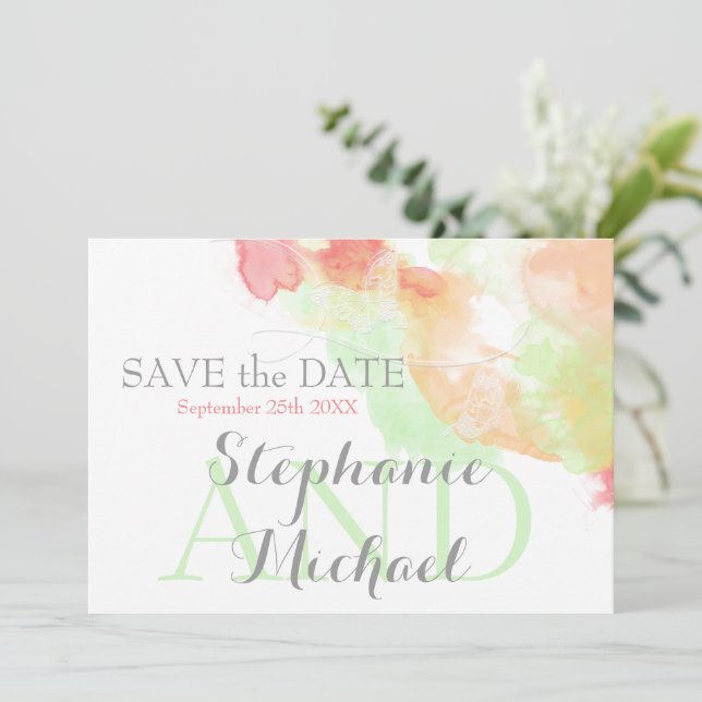 Watercolor Butterfly Rainbow Sherbet SavetheDate Spara Datumet (Stående Fram)