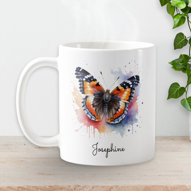 Watercolor Butterfly Red Admiral Personalized Mug Kaffemugg (A personalized mug with picture of a red admiral butterfly in a watercolor style)