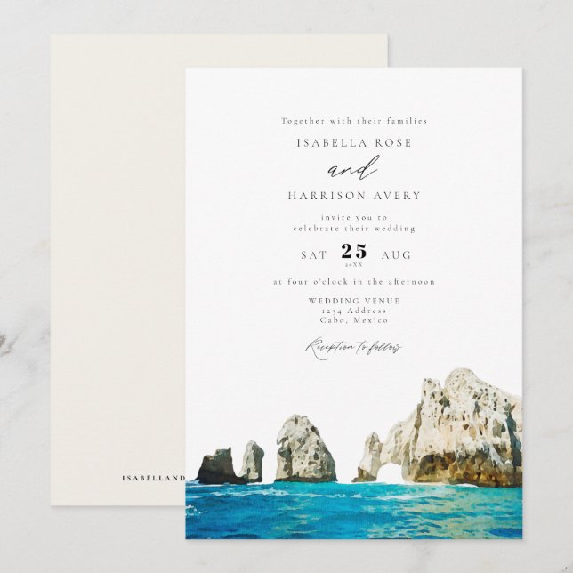 Watercolor Cabo Mexico Skyline Wedding bjudande Inbjudningar (Fram/baksida)