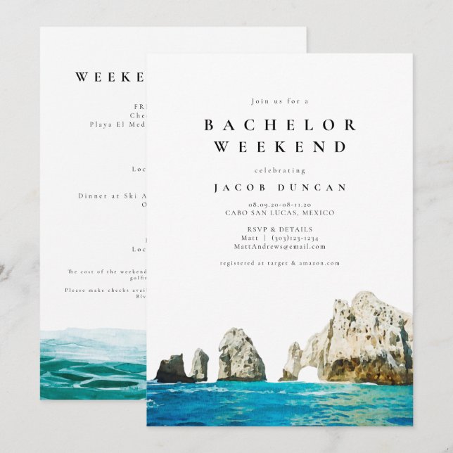 Watercolor Cabo San Lucas Mexiko Tropical Bachelor Inbjudningar (Fram/baksida)