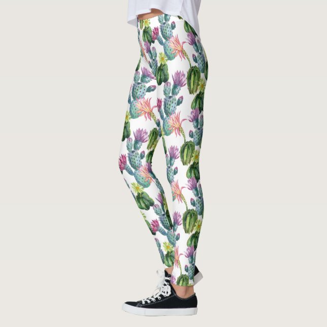 Watercolor Cacti Art Mönster Leggings (Vänster)