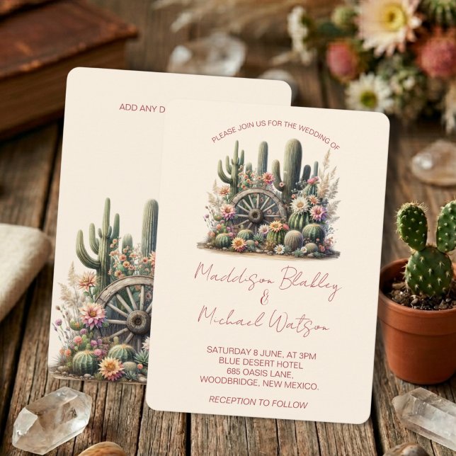 Watercolor Cacti & Wagon Wheel Rustic Bröllop Inbjudningar (Skapare uppladdad)