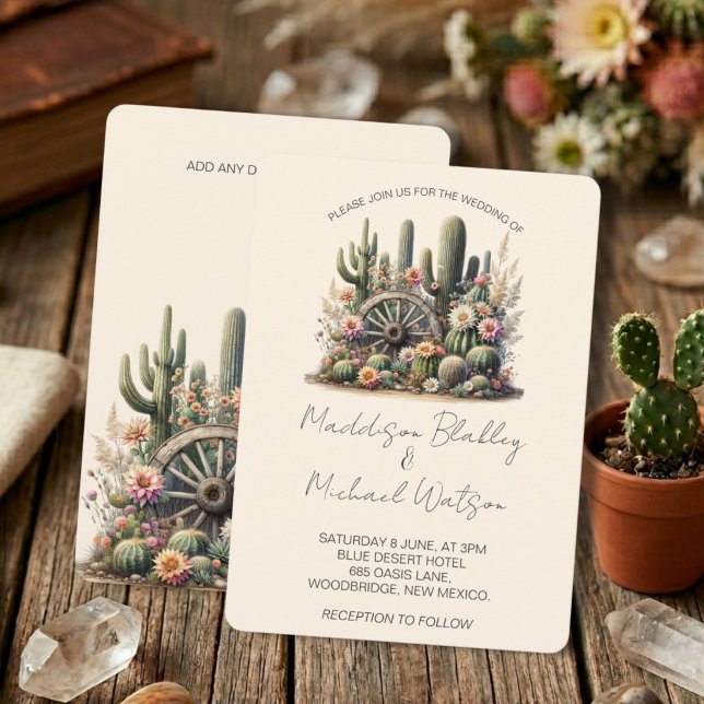 Watercolor Cacti & Wagon Wheel Rustic Bröllop Inbjudningar (Skapare uppladdad)