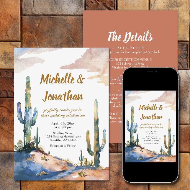 Watercolor Cactus Desert Allt i en Bröllop Inbjudningar (Watercolor Cactus Desert All in One Wedding Invitation)