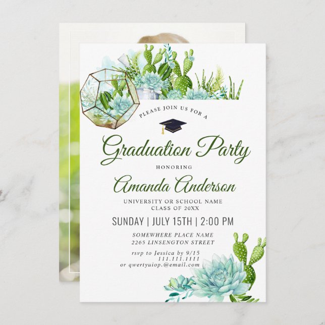 Watercolor Cactus Eucalyptus PHOTO Studenten Inbjudningar (Fram/baksida)