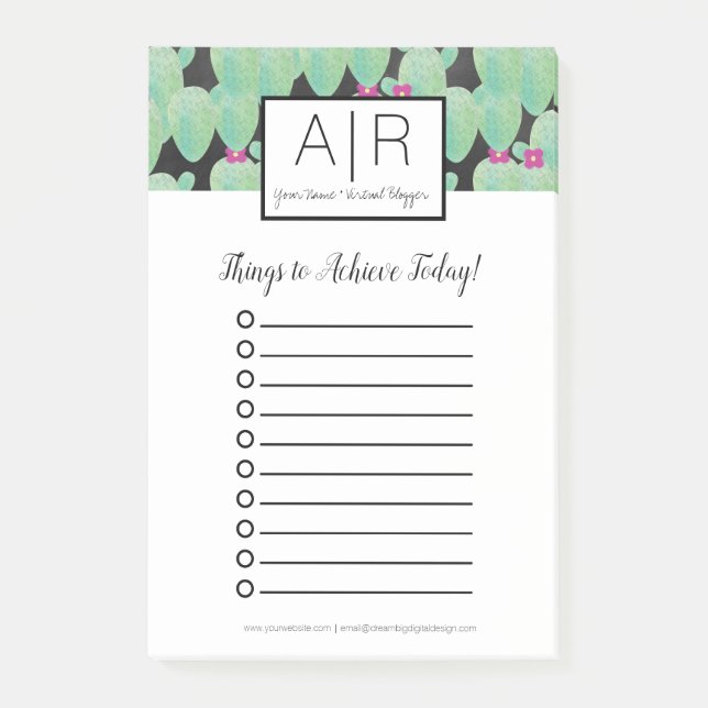 Watercolor Cactus Greenery Botanical Mönster Grönt Post-it Block (Framsida)