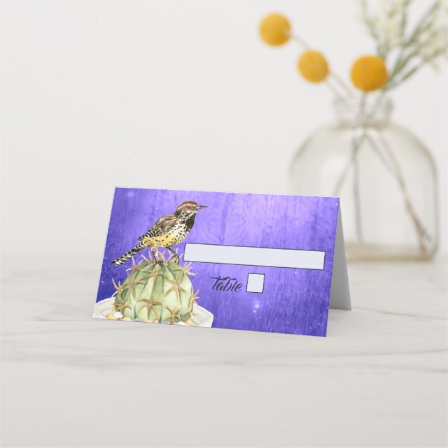 Watercolor Cactus med Wren Bird Bröllop Placeringskort (Framsida)