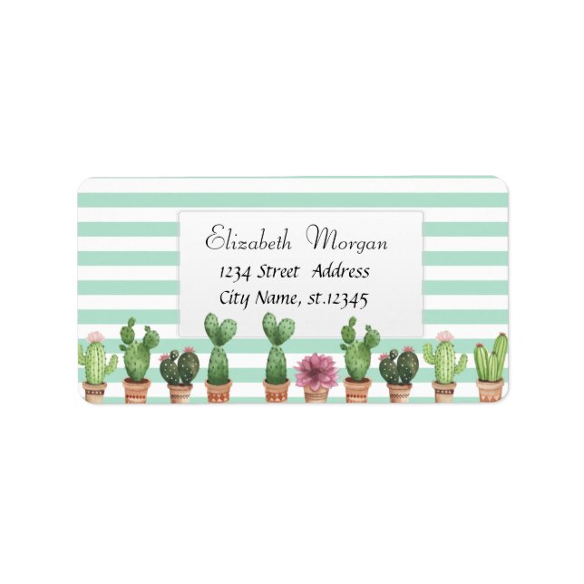 Watercolor Cactus Mint Grönt Rand Adressetikett (Framsidan)