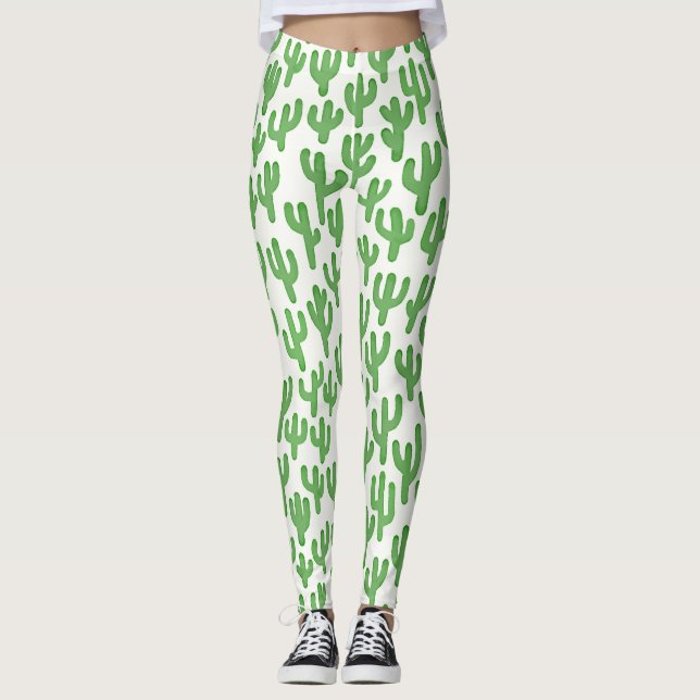 Watercolor Cactus Mönster - Grönt Leggings (Framsida)