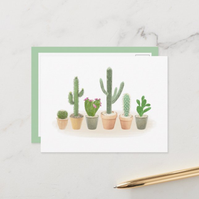 Watercolor Cactus Planter Cute Cacti Rad Note Vykort (Fram/Back In Situ)