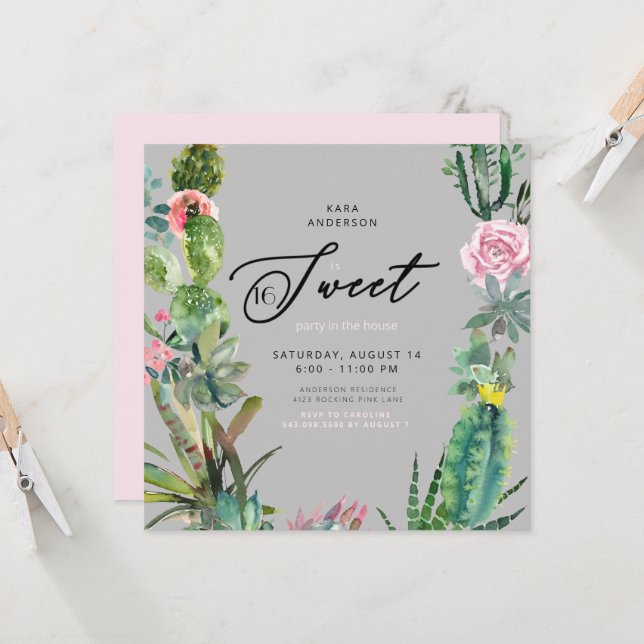 Watercolor Cactus Rosa & Grått Sweet 16 Birthday Inbjudningar (Fram/Back In Situ)