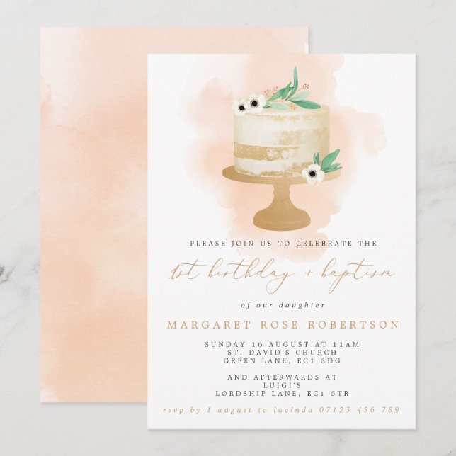 Watercolor Cake Girl's 1st Birthday & Baptism Inbjudningar (Fram/baksida)