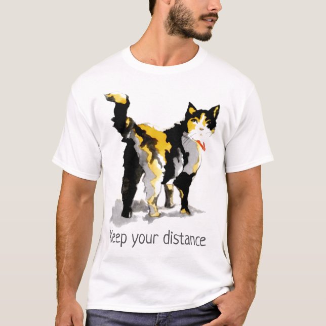 Watercolor Calico Cat "Behålla your avstånd" T Shirt (Framsida)