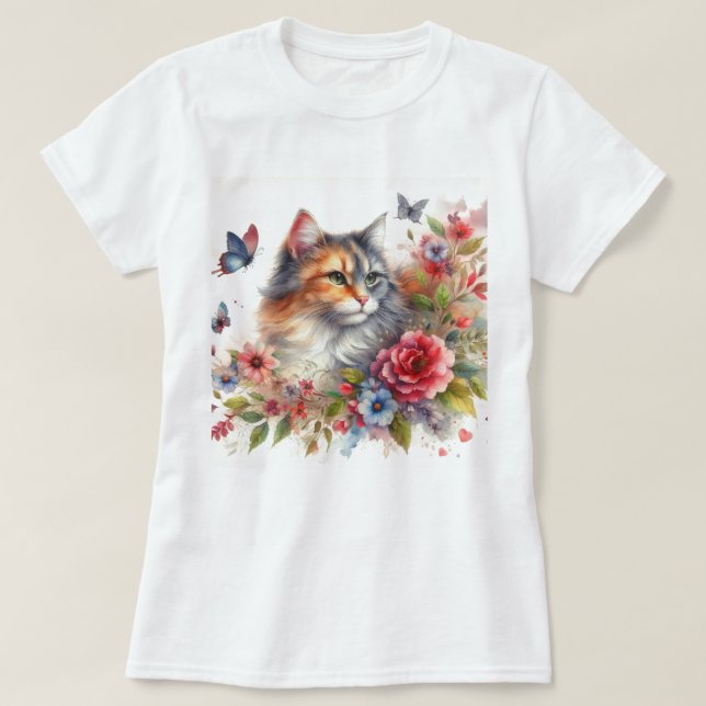 Watercolor Calico Cat Dam T Shirt (Design framsida)
