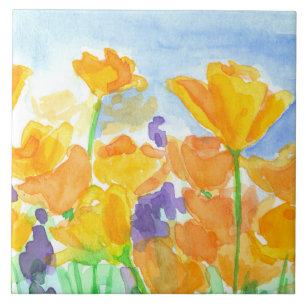 Watercolor California Poppy Flowers Kakelplatta