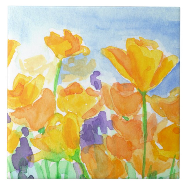 Watercolor California Poppy Flowers Kakelplatta (Framsidan)